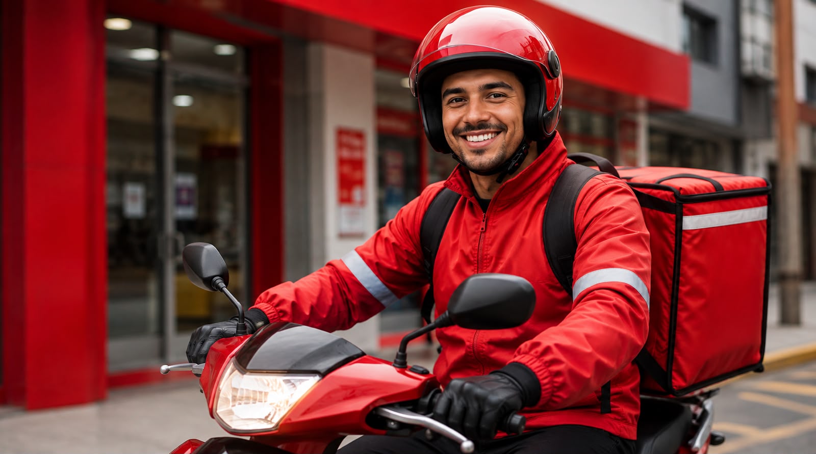 Entregador FarmaFácil em motocicleta